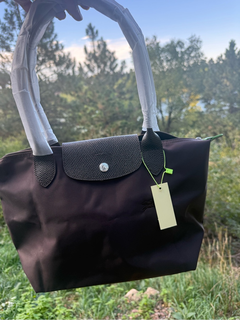 Longchamp Medium “Green” Tote with Dark Brown Trim and green Accent-Eben color